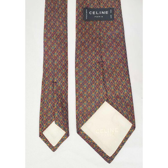 Celine Paris Mens Neck tie Geo Print Chain Link Logo Design Silk Green Red Navy - Picture 4 of 9